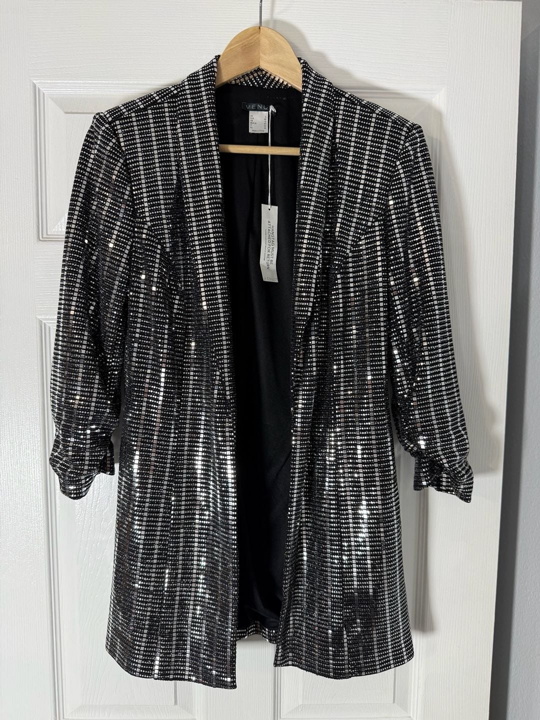 Venus Sequin Blazer Size 6 Black Silver Open Front Jacket Sparkly Party 2