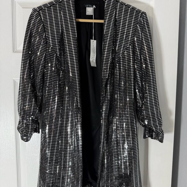 Venus Sequin Blazer Size 6 Black Silver Open Front Jacket Sparkly Party