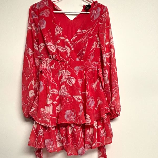 Japna Floral Long Sleeve Mini Dress Size XS Red Ruffle Tiered