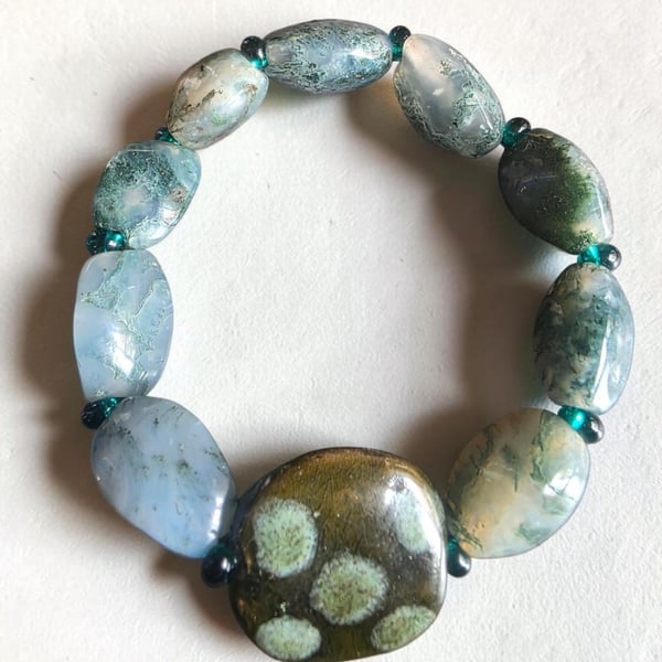Moss Agate And Ceramic Bead Stretch Bracelet