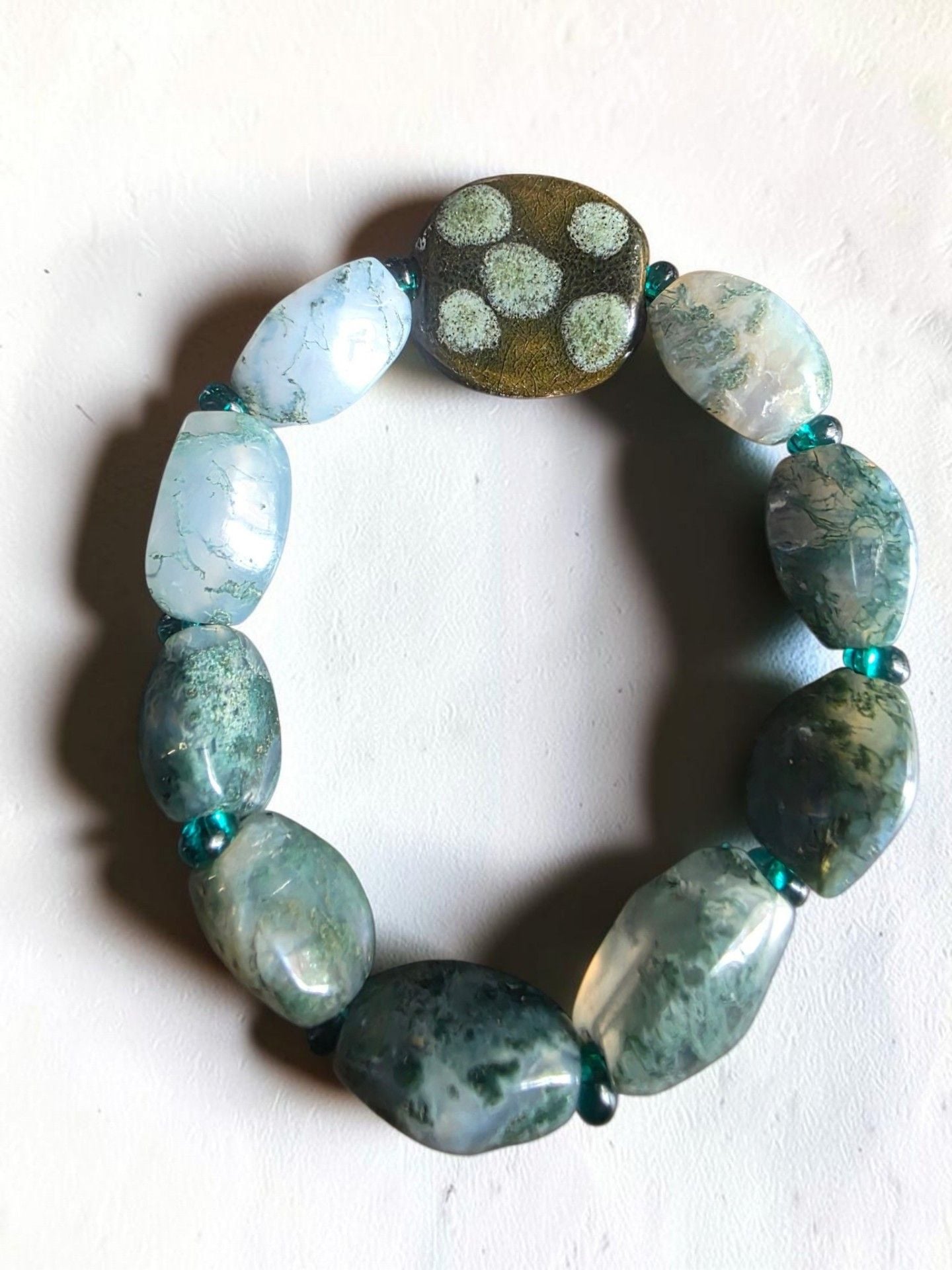 Moss Agate And Ceramic Bead Stretch Bracelet 4