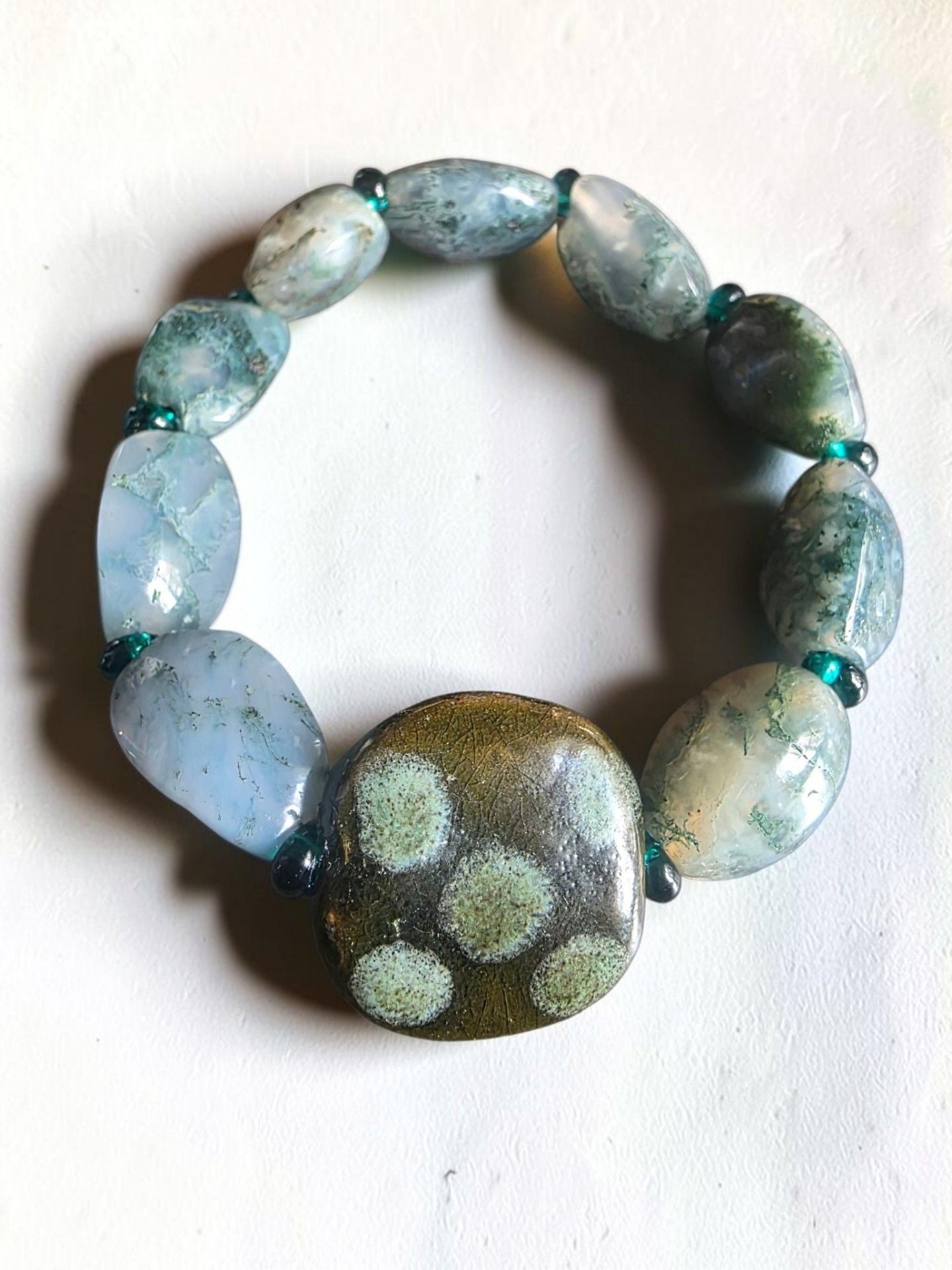 Moss Agate And Ceramic Bead Stretch Bracelet 7