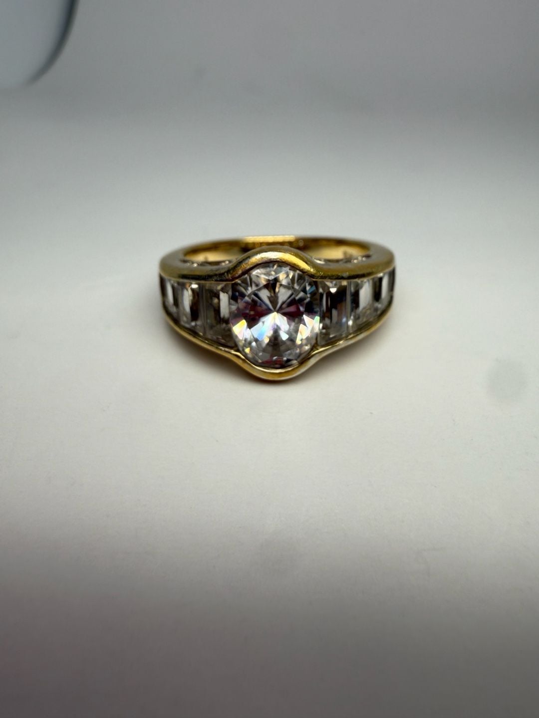 Vintage Gold Tone Oval Crystal Baguette Cocktail Ring Size 8.5 5