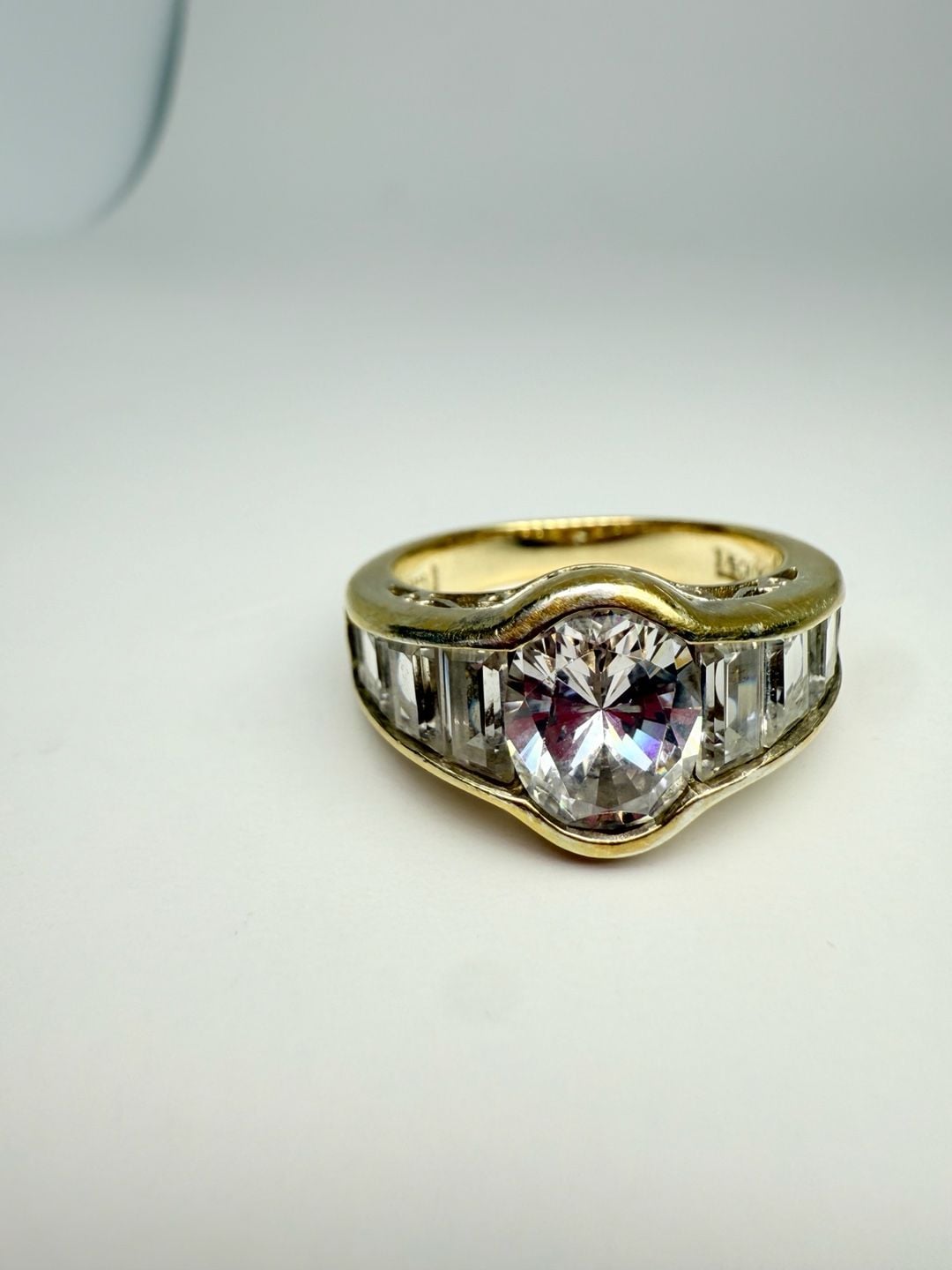 Vintage Gold Tone Oval Crystal Baguette Cocktail Ring Size 8.5 8