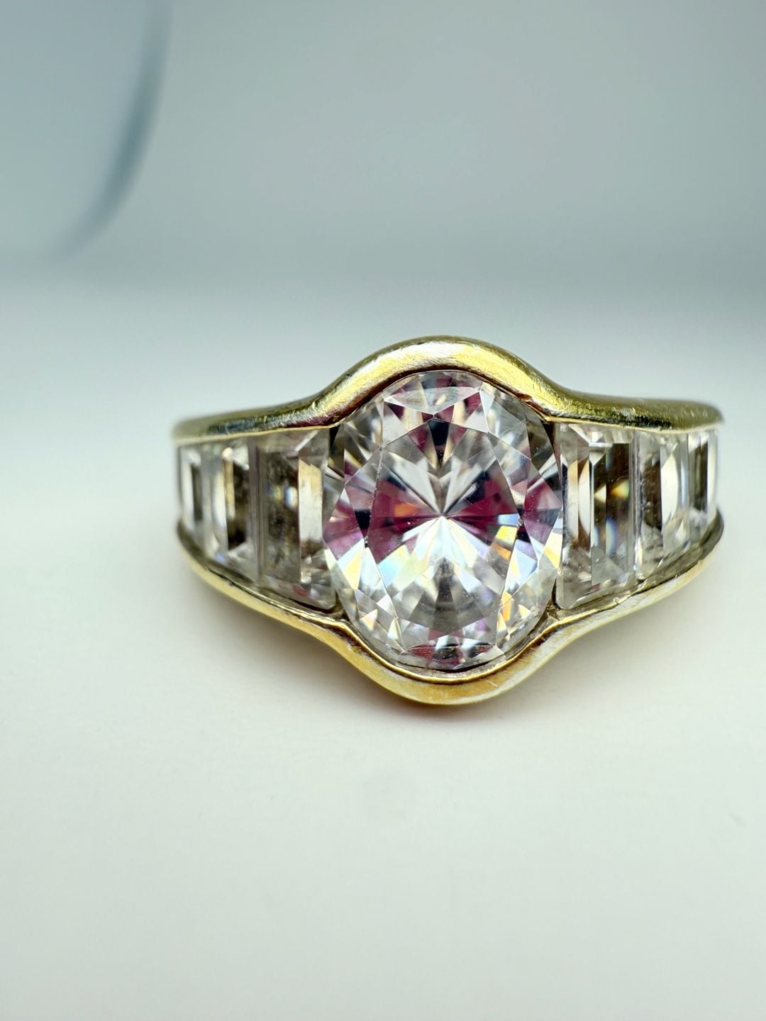 Vintage Gold Tone Oval Crystal Baguette Cocktail Ring Size 8.5 10