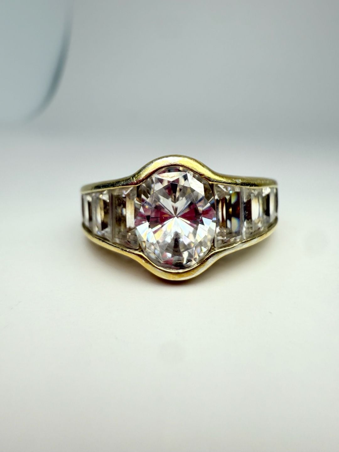 Vintage Gold Tone Oval Crystal Baguette Cocktail Ring Size 8.5 12