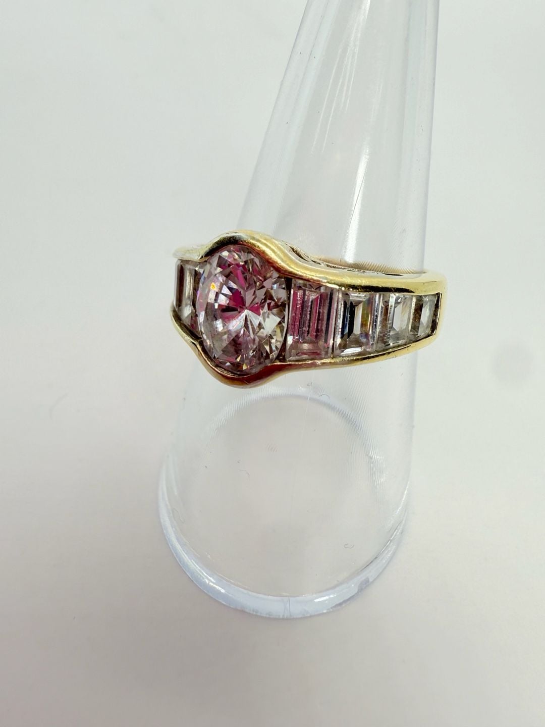 Vintage Gold Tone Oval Crystal Baguette Cocktail Ring Size 8.5 16