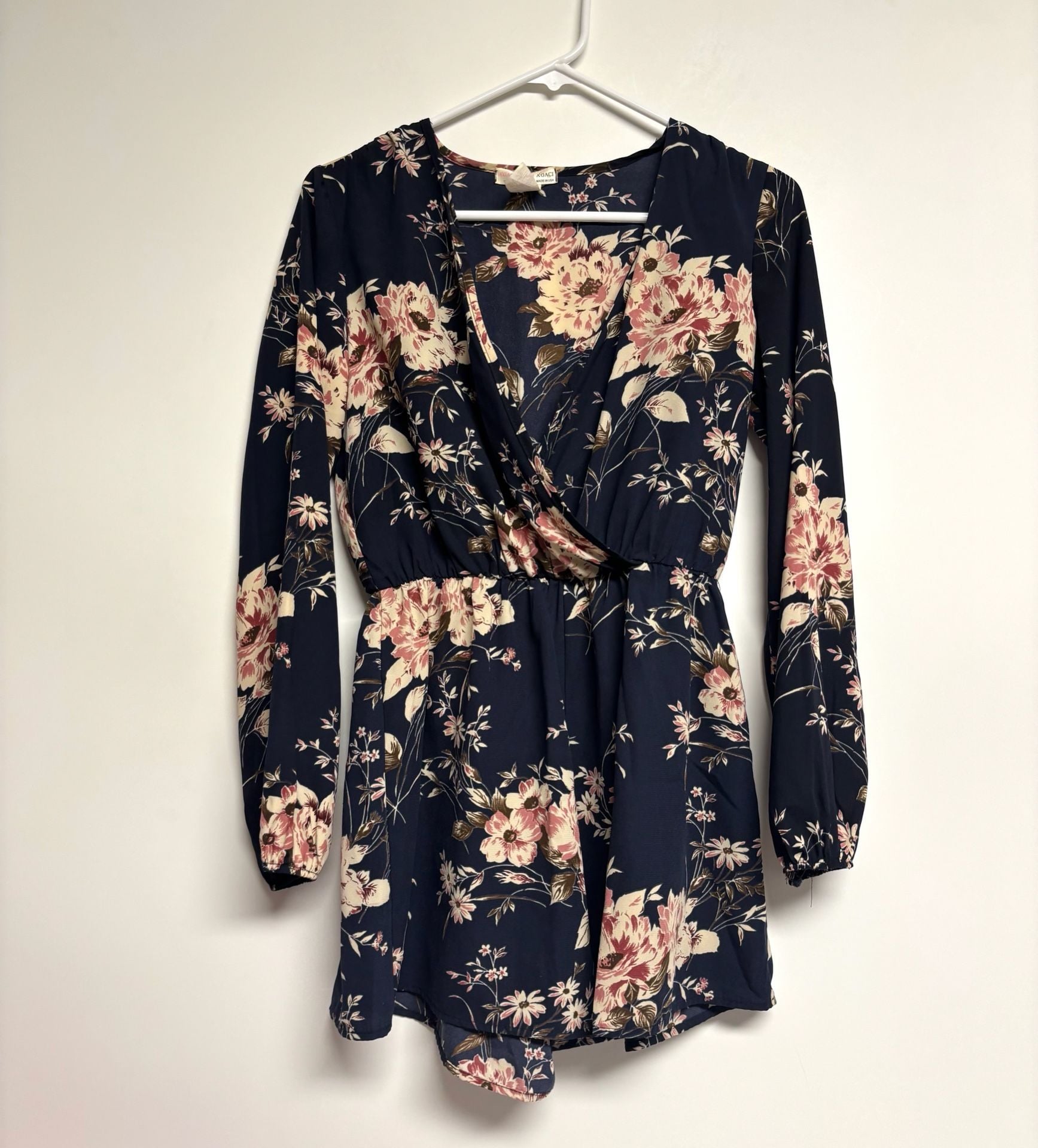 Agaci Floral Romper Size S Navy Pink Long Sleeve V-Neck 2