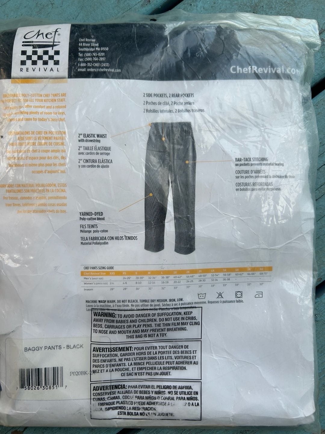 Chef Revival Baggy Chef Pants Size 2XL Black 4 Pockets Drawstring 3