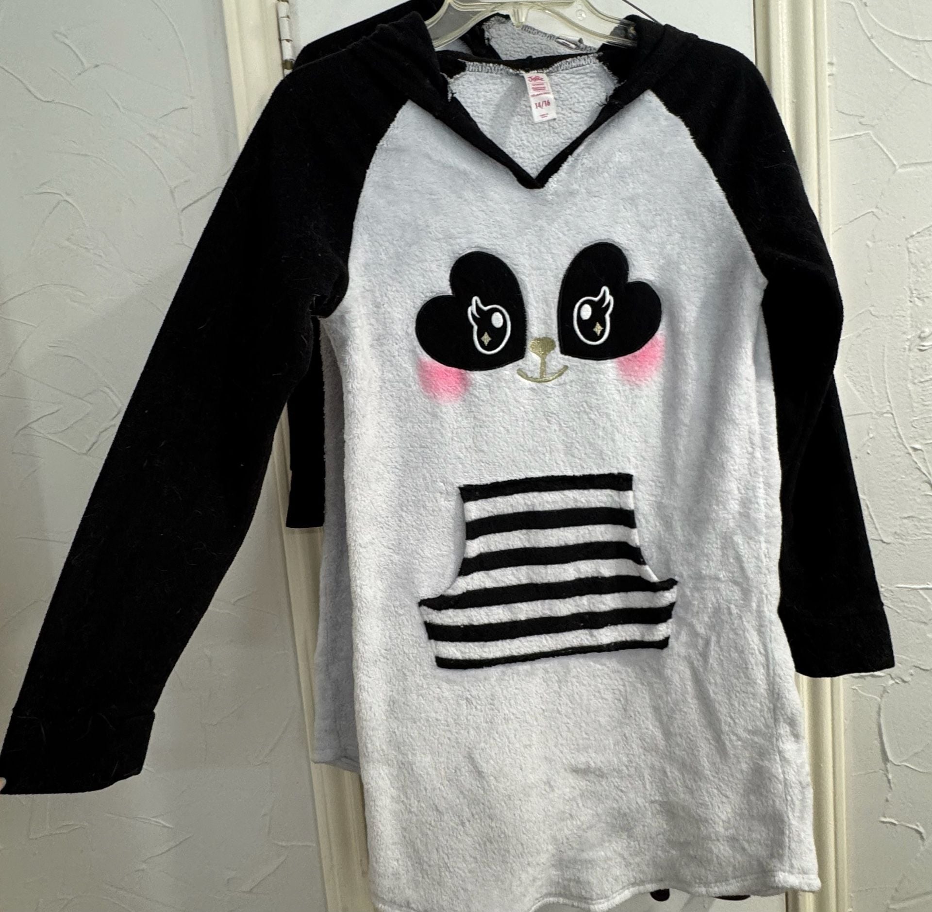 Justice Panda Fleece Hooded Nightgown Size 14/16 Black White 2