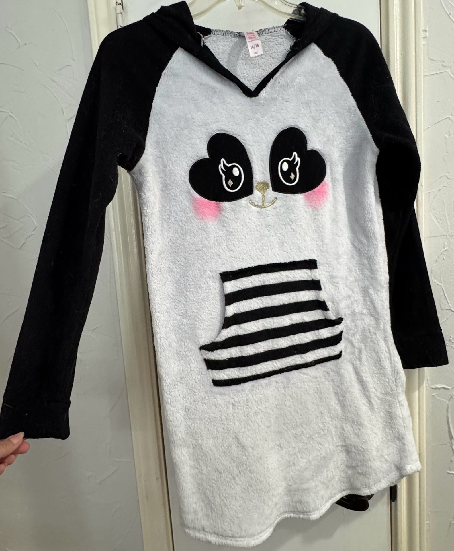 Justice Panda Fleece Hooded Nightgown Size 14/16 Black White 3