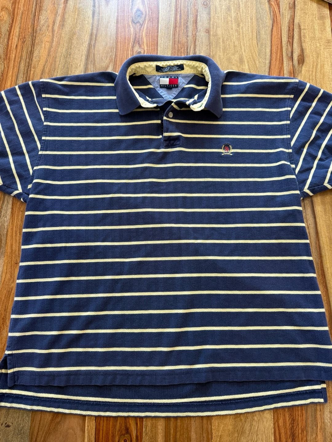 Vintage 90s Tommy Hilfiger Striped Polo Shirt Size L Blue Yellow 2