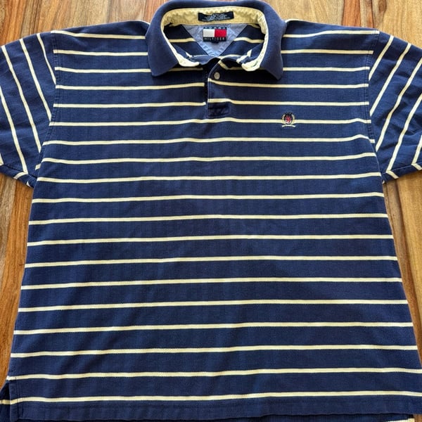 Vintage 90s Tommy Hilfiger Striped Polo Shirt Size L Blue Yellow
