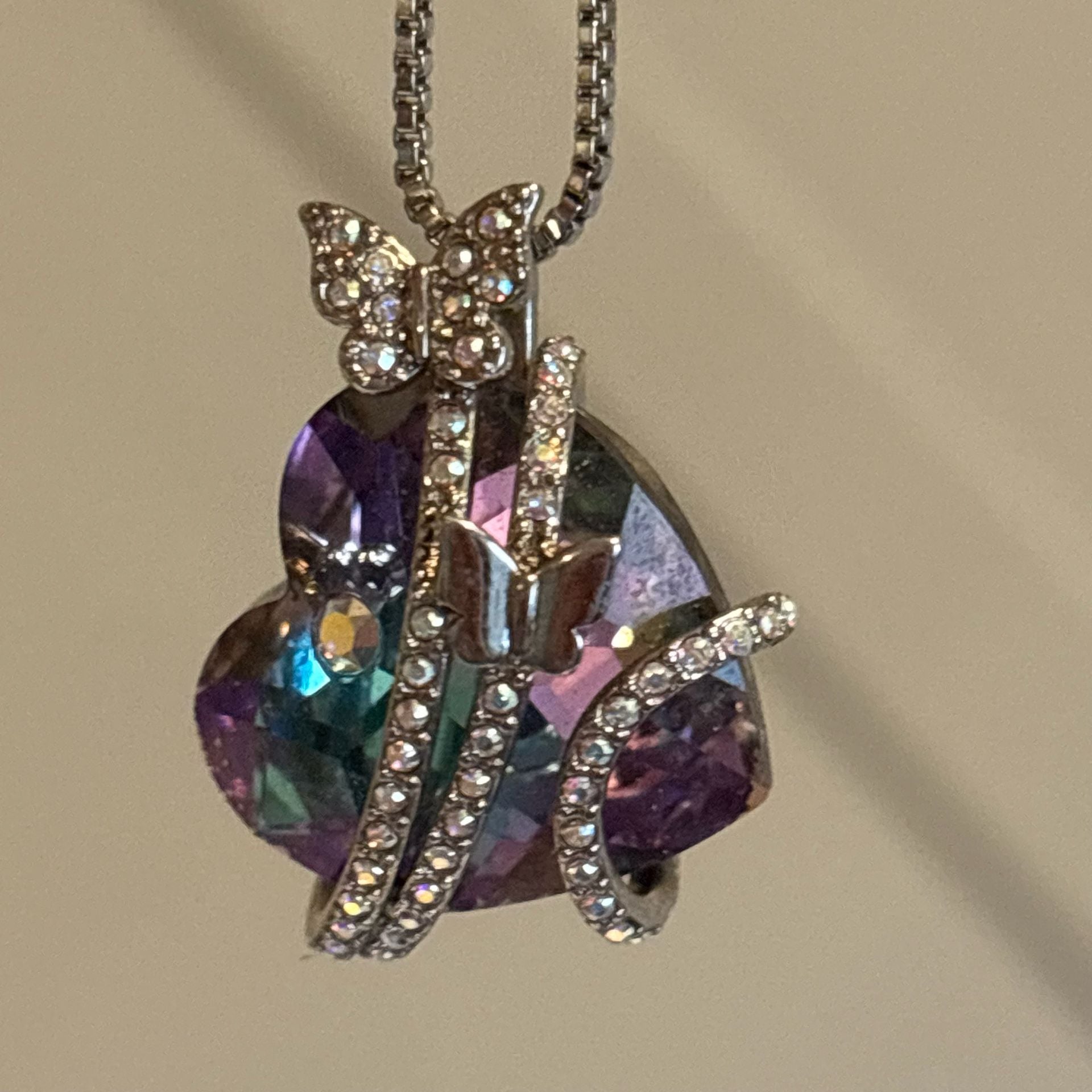 Crystal Purple Heart Pendant Rhinestone Butterfly Necklace Silver 3