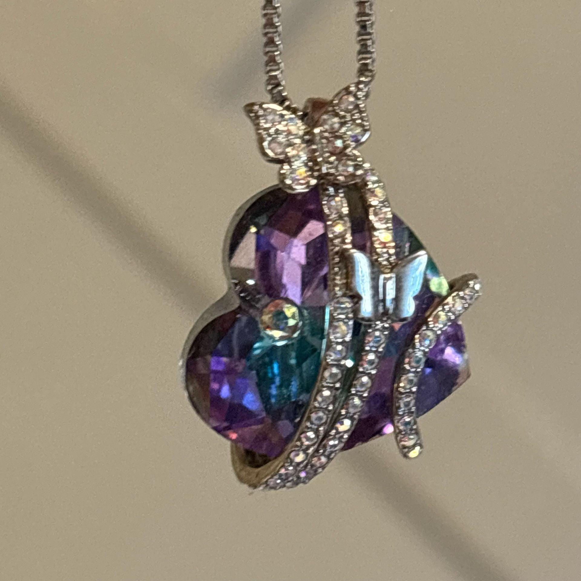 Crystal Purple Heart Pendant Rhinestone Butterfly Necklace Silver 5