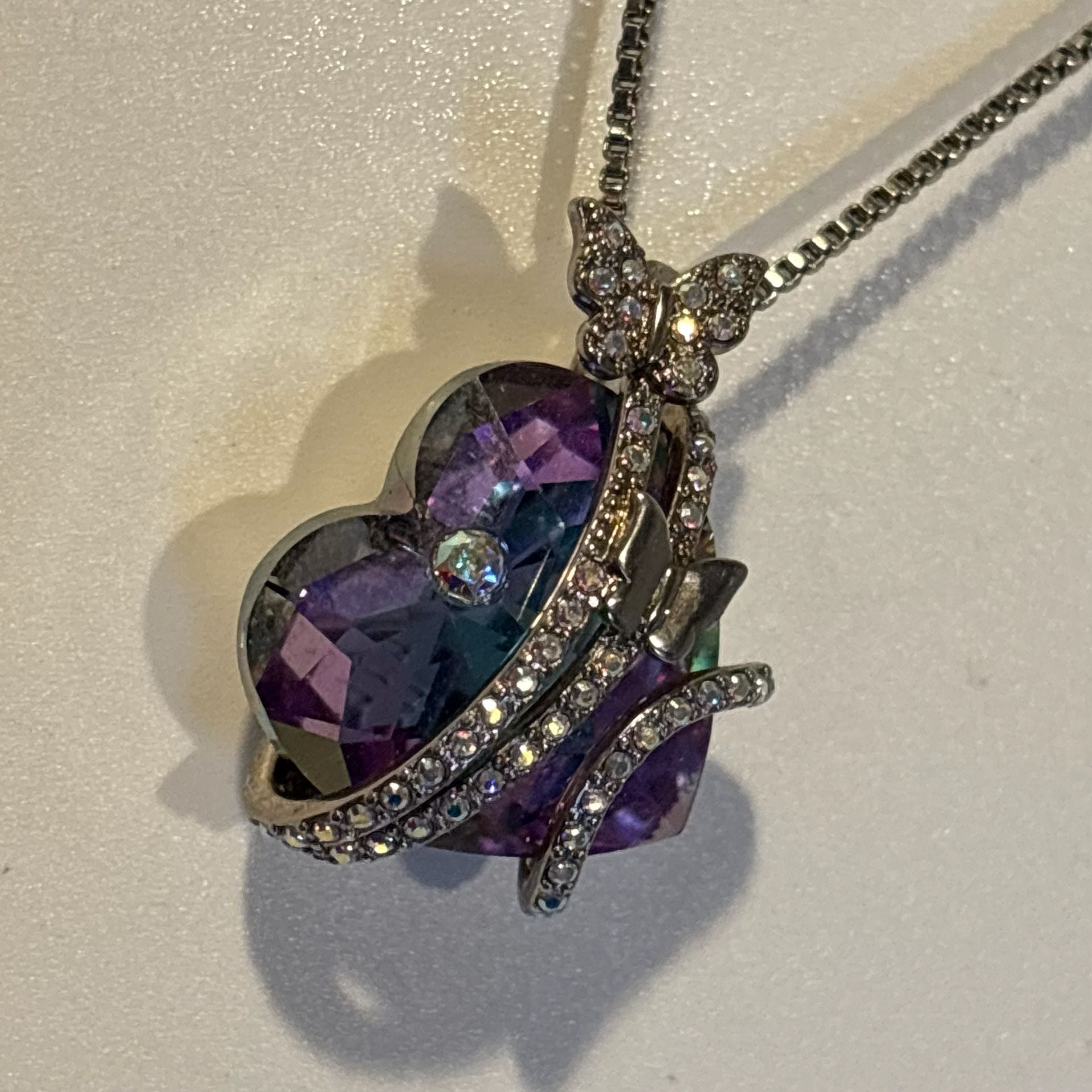 Crystal Purple Heart Pendant Rhinestone Butterfly Necklace Silver 7