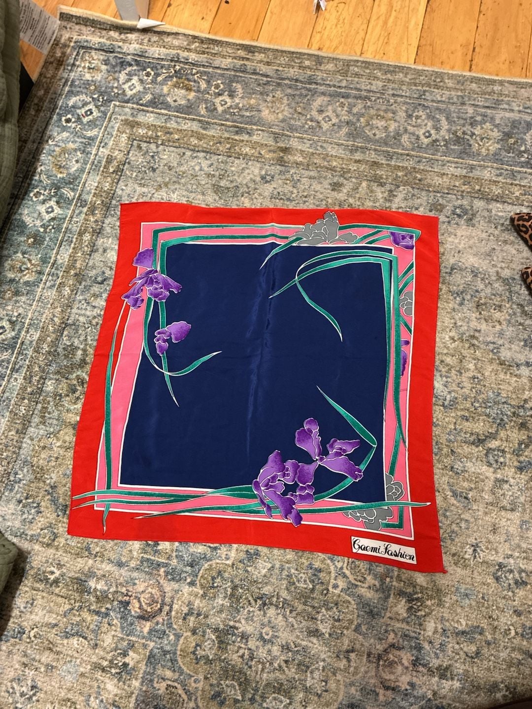 Vintage 1980s Gaemi Fashion Silk Floral Scarf Red Blue Purple 3