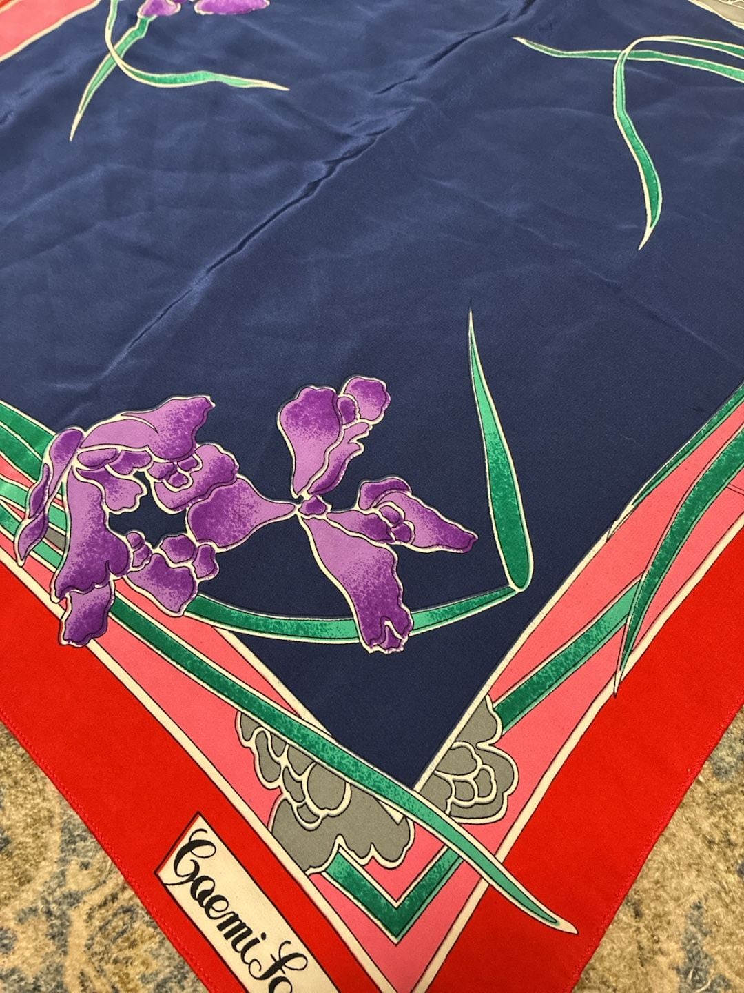 Vintage 1980s Gaemi Fashion Silk Floral Scarf Red Blue Purple 5