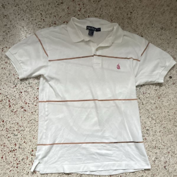 Nautica Striped Polo Shirt Size M White Brown Cotton