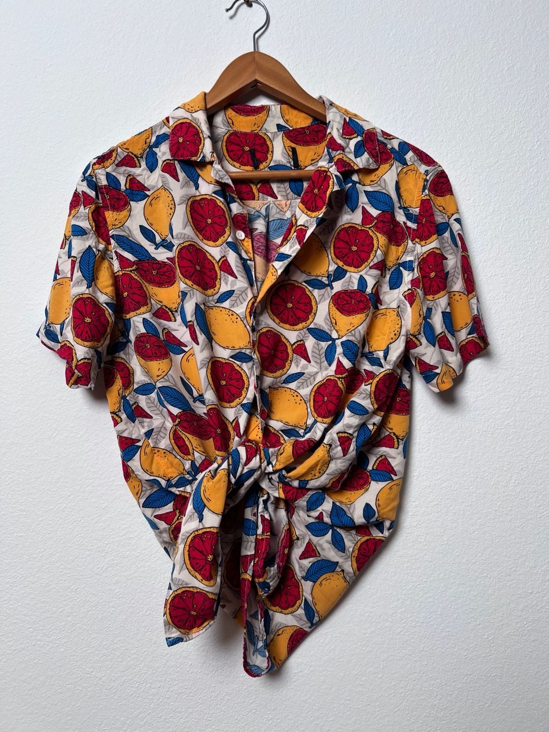 Citrus Lemon Grapefruit Print Button Down Shirt 100% Rayon Short Sleeve Tropical 7