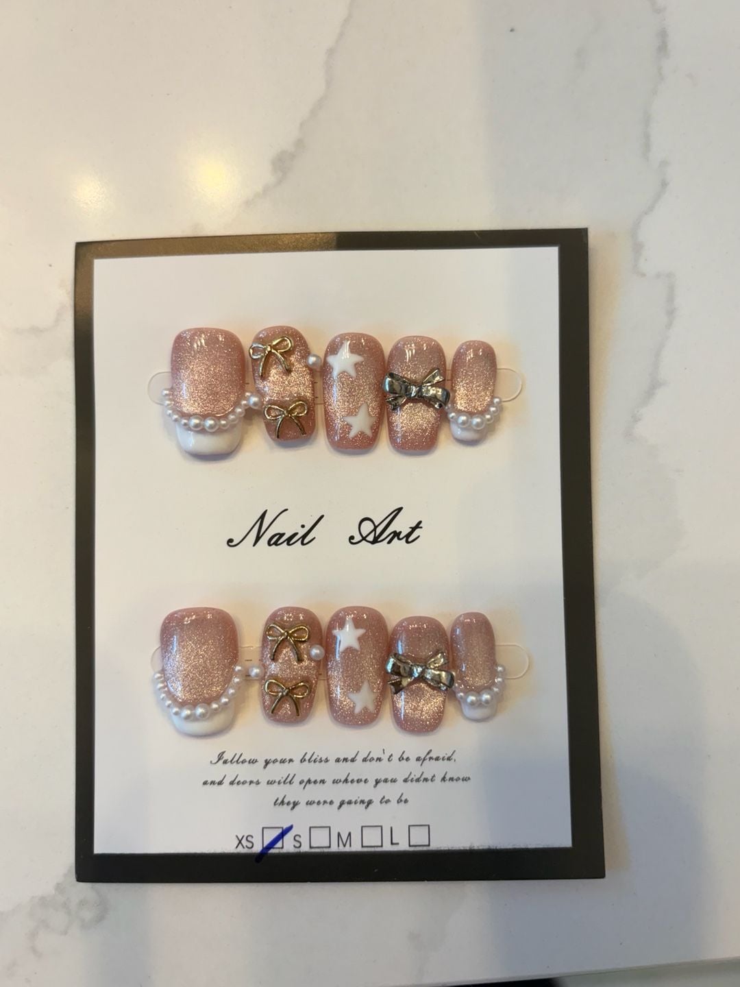 Nail Art Press On Nails Size XS Pink Bows Stars Pearls 1