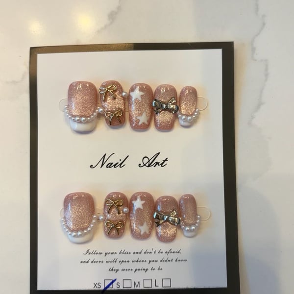 Nail Art Press On Nails Size XS Pink Bows Stars Pearls