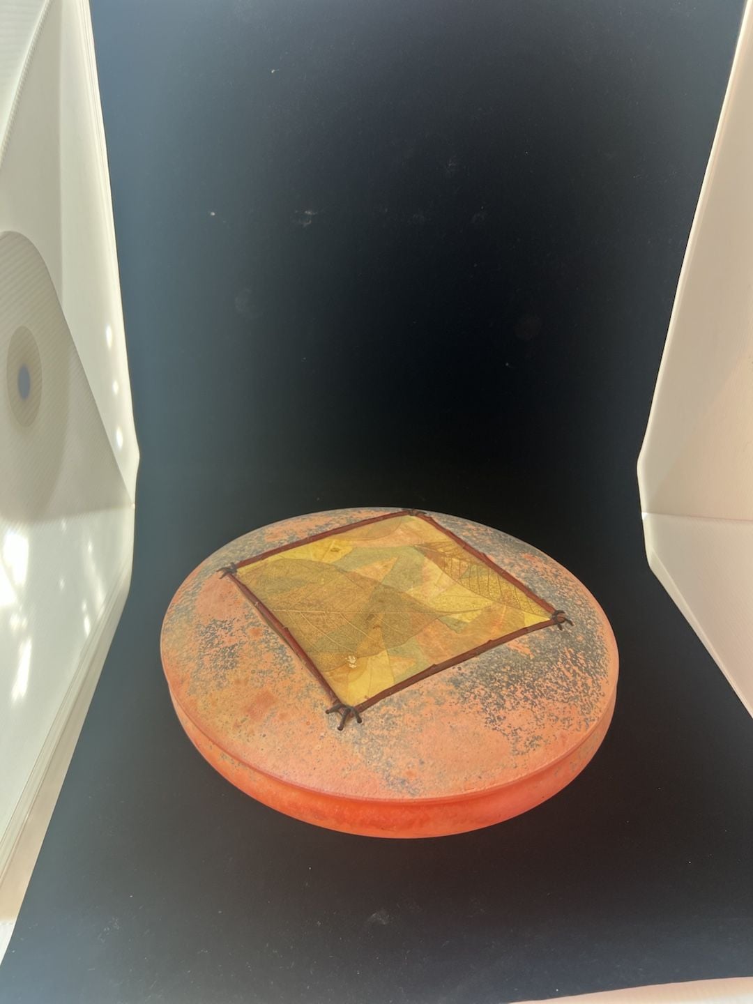 Adcock Studio Art Pottery Covered Vessel Raku Leaf Lidded Jar 1