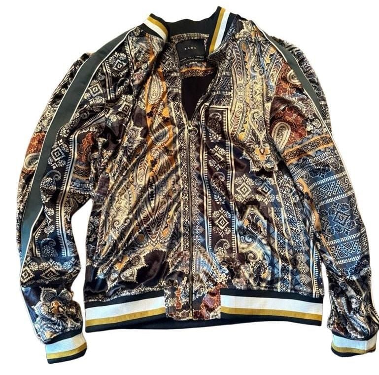 Zara Printed Velvet Bomber Jacket Size L Paisley Multicolored 2