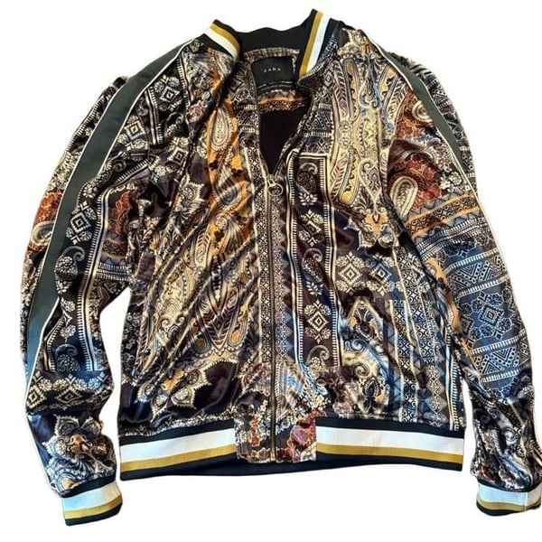 Zara Printed Velvet Bomber Jacket Size L Paisley Multicolored