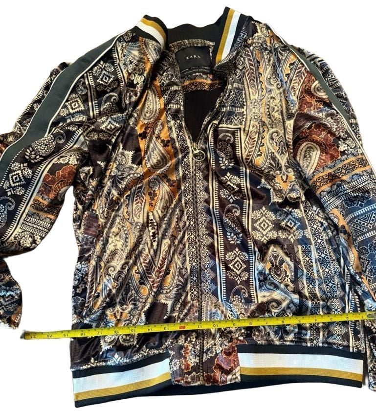 Zara Printed Velvet Bomber Jacket Size L Paisley Multicolored 5