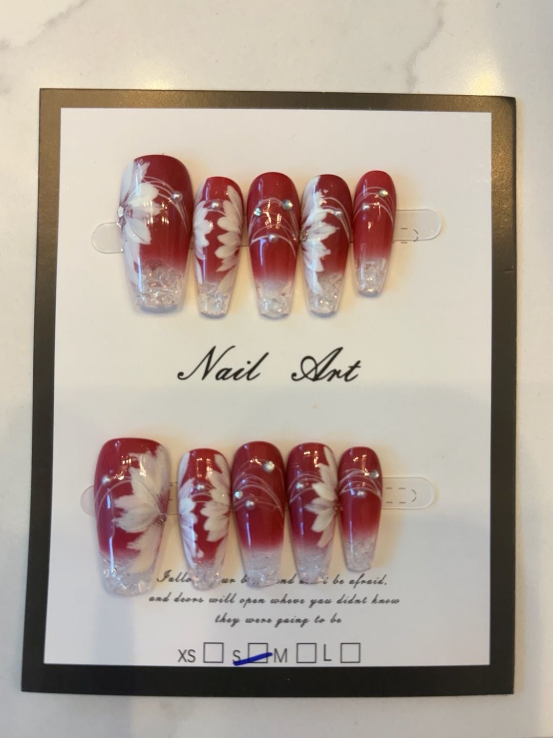 Nail Art Red Floral Press On Fake Nails Size S 1