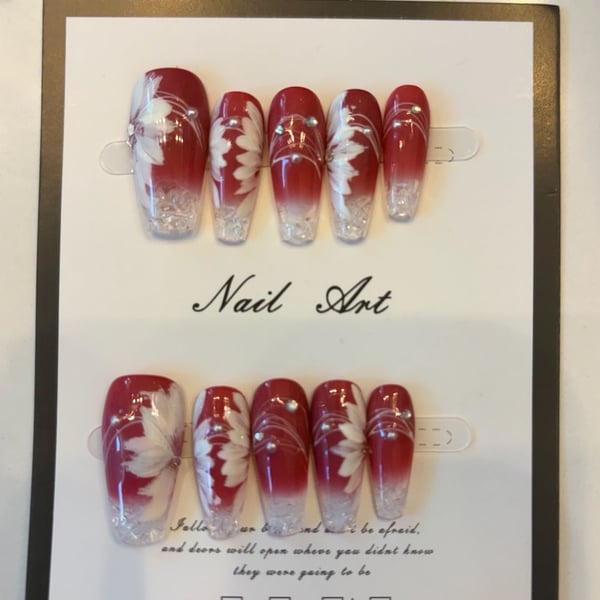 Nail Art Red Floral Press On Fake Nails Size S