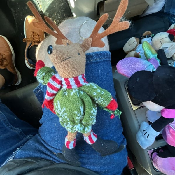 Holiday Christmas Reindeer Plush Ornament Green Sweater Scarf Ice Skates