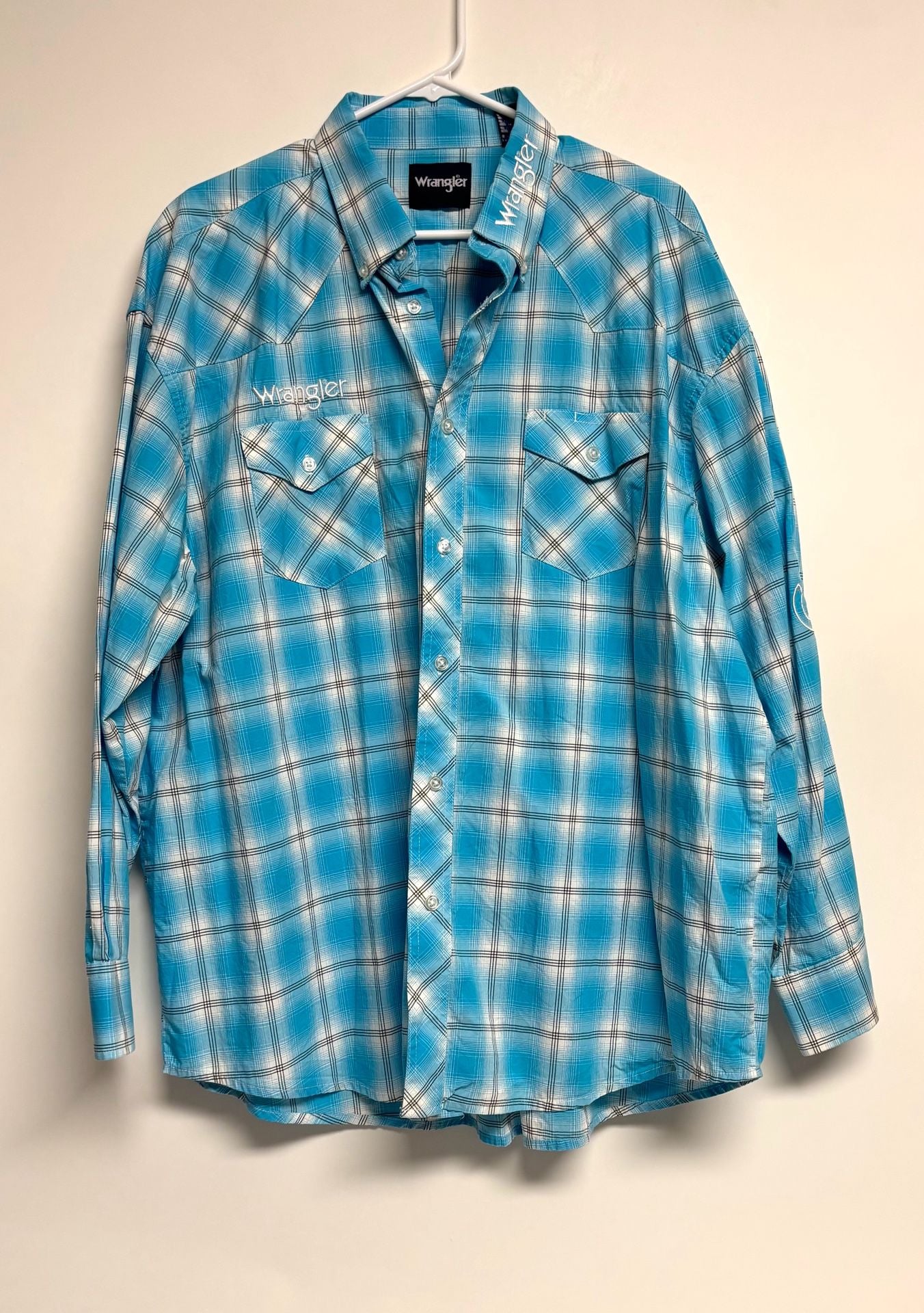 Wrangler Western Shirt Size XXL Turquoise Logo Plaid Long Sleeve 2