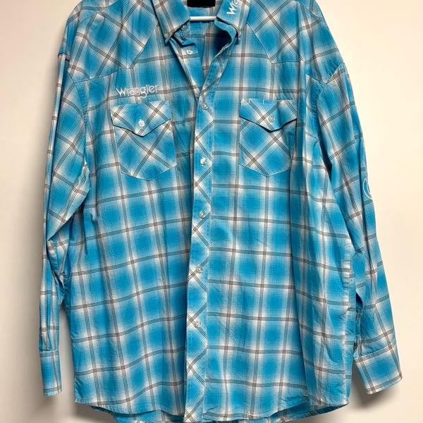 Wrangler Western Shirt Size XXL Turquoise Logo Plaid Long Sleeve