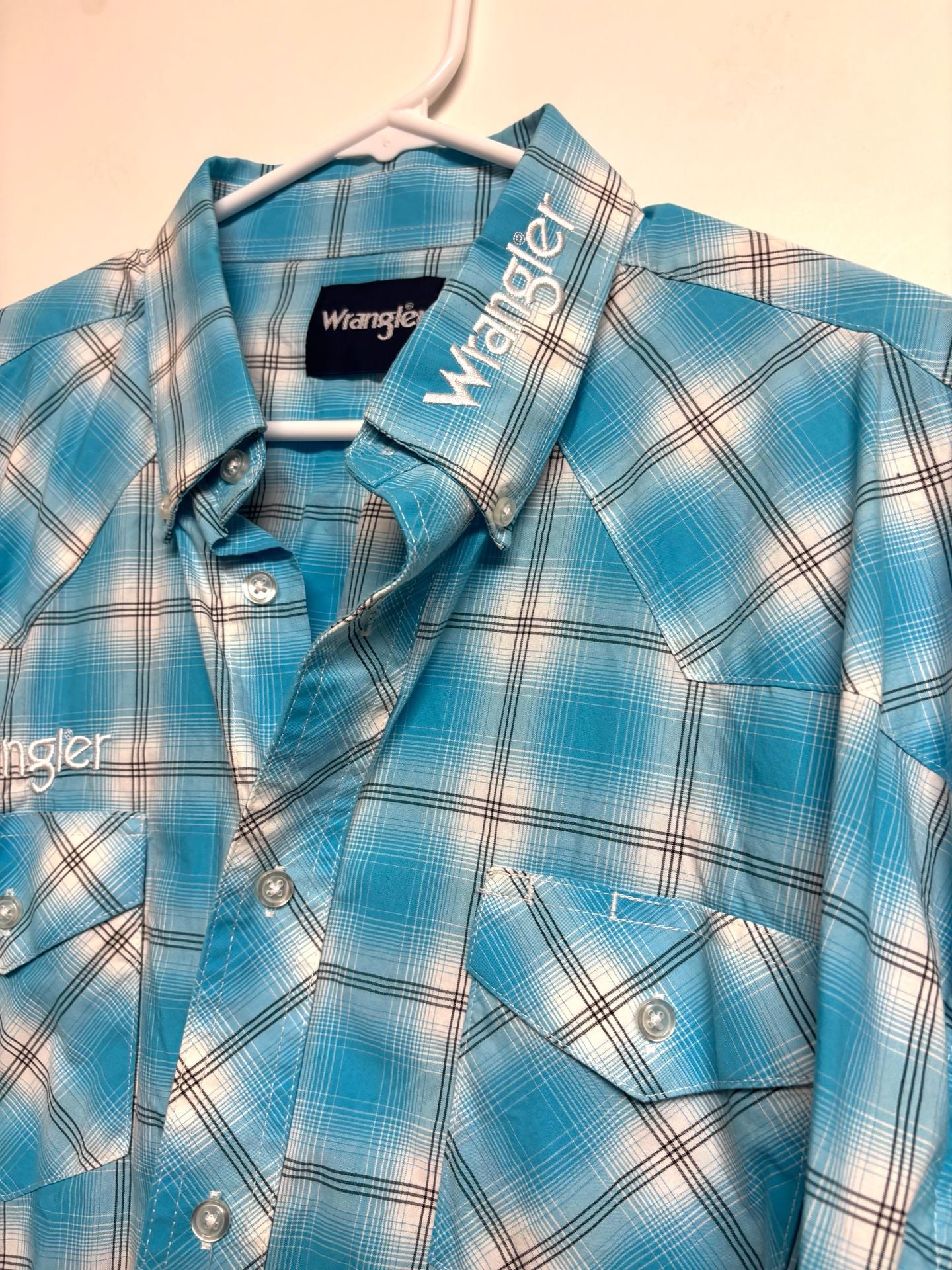 Wrangler Western Shirt Size XXL Turquoise Logo Plaid Long Sleeve 4