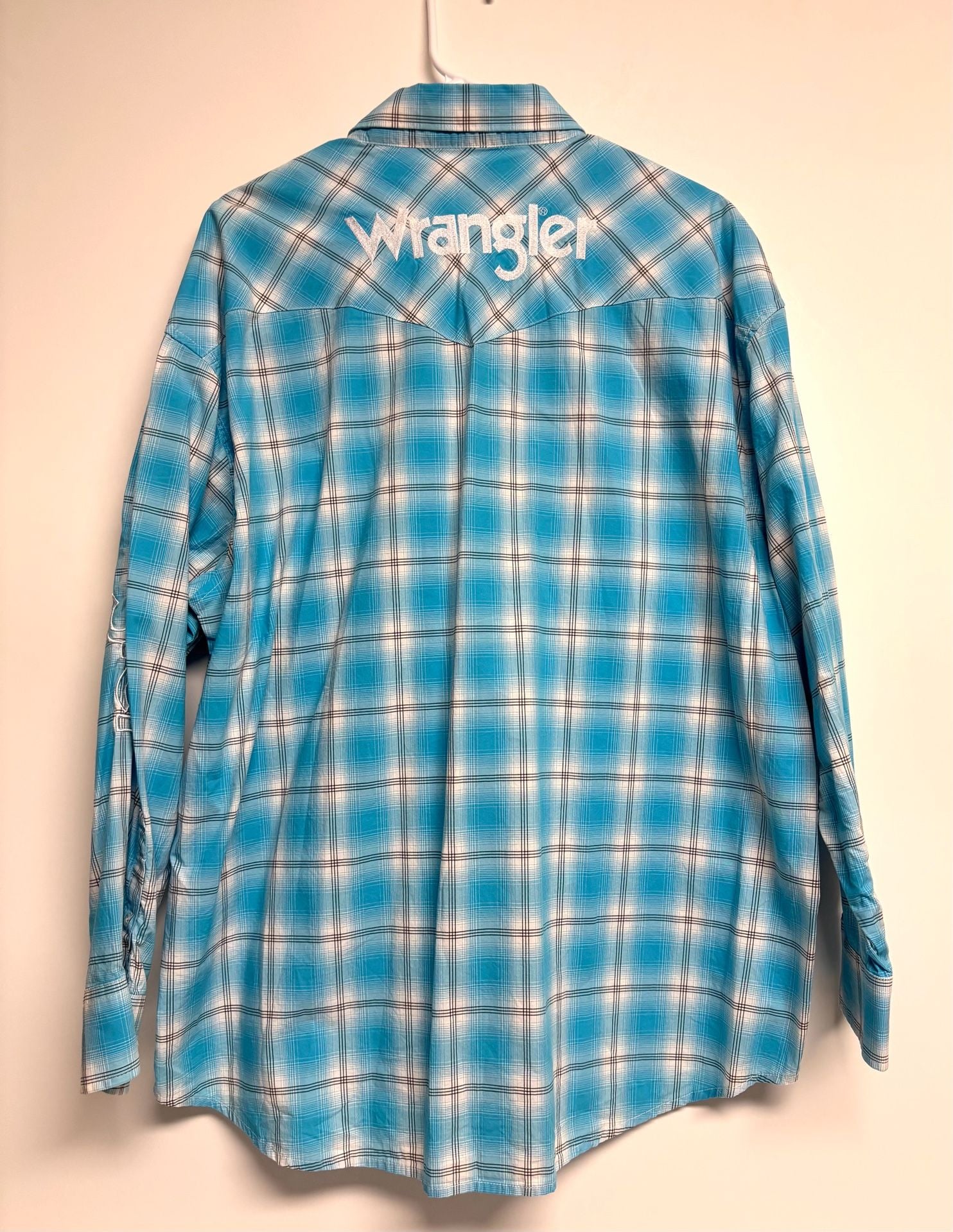 Wrangler Western Shirt Size XXL Turquoise Logo Plaid Long Sleeve 7