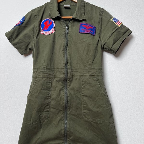 Top Gun Maverick Women’s Flight Suit Dress Size M Olive Green Military Patch Zip Front