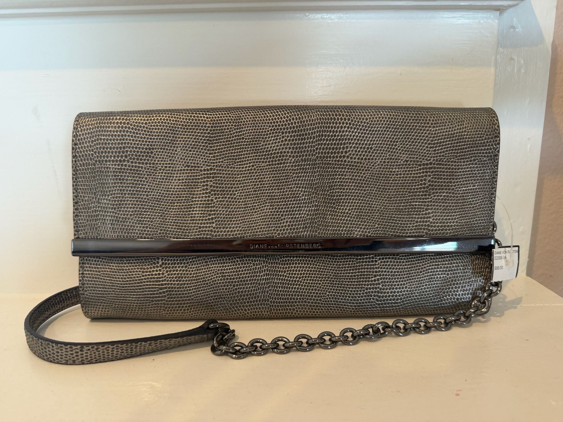 Diane Von Furstenberg Embossed Leather Clutch Silver Chain Strap 2