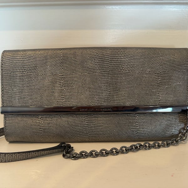 Diane Von Furstenberg Embossed Leather Clutch Silver Chain Strap
