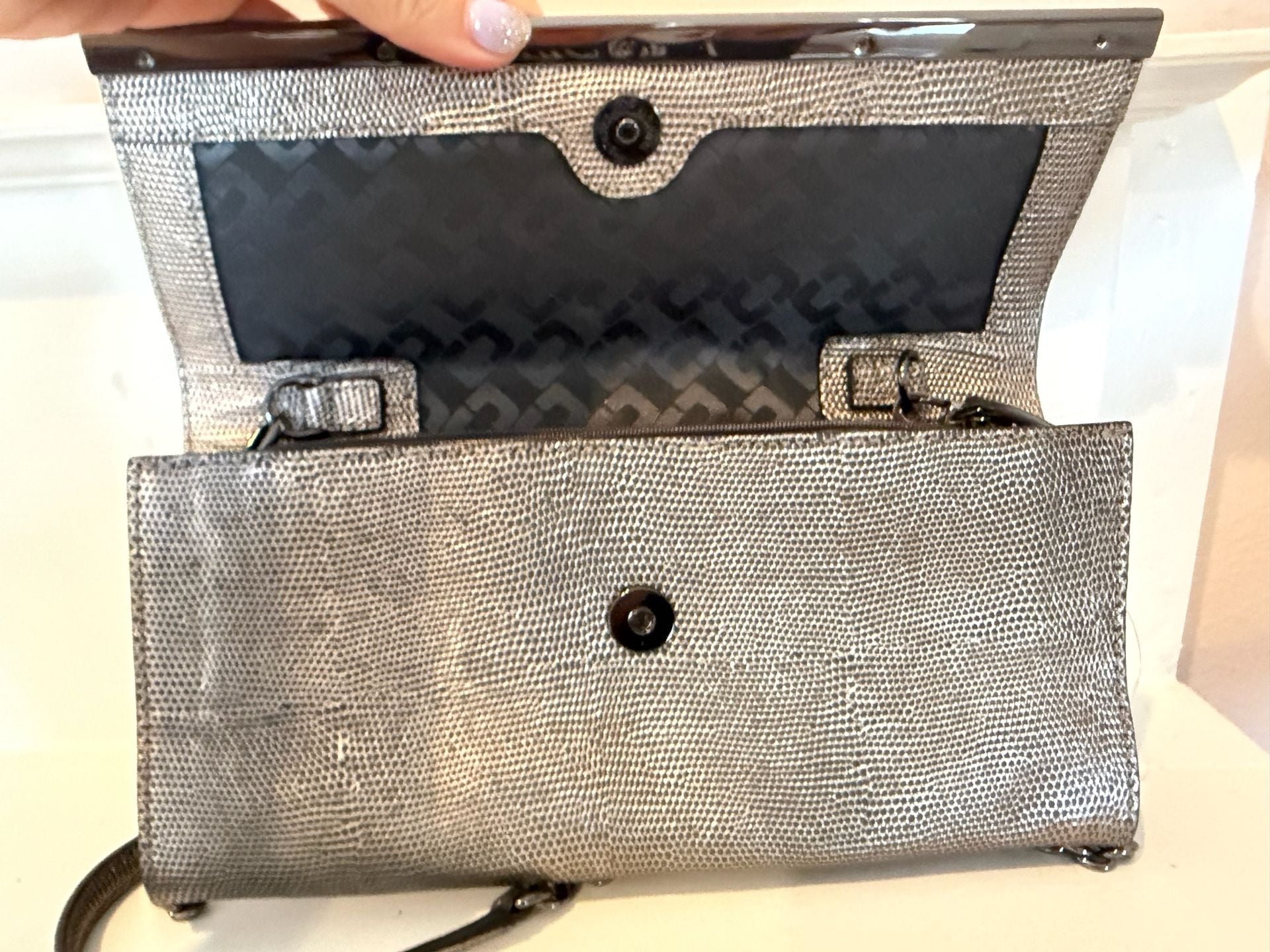 Diane Von Furstenberg Embossed Leather Clutch Silver Chain Strap 3