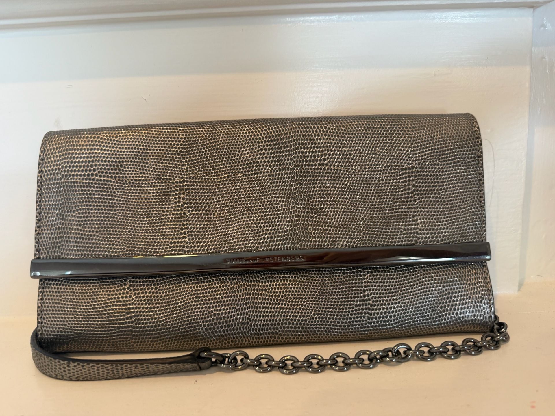 Diane Von Furstenberg Embossed Leather Clutch Silver Chain Strap 4