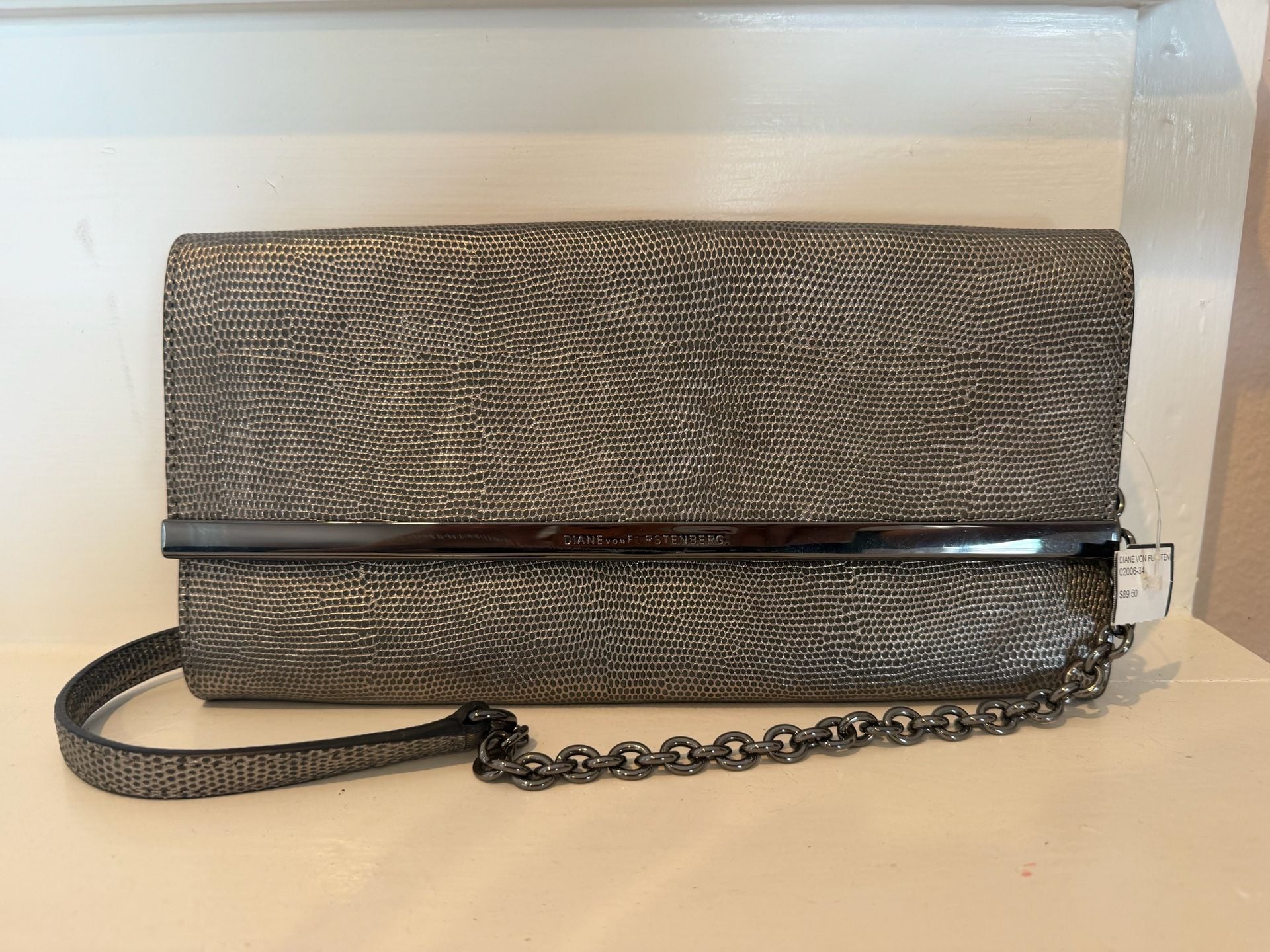 Diane Von Furstenberg Embossed Leather Clutch Silver Chain Strap 5