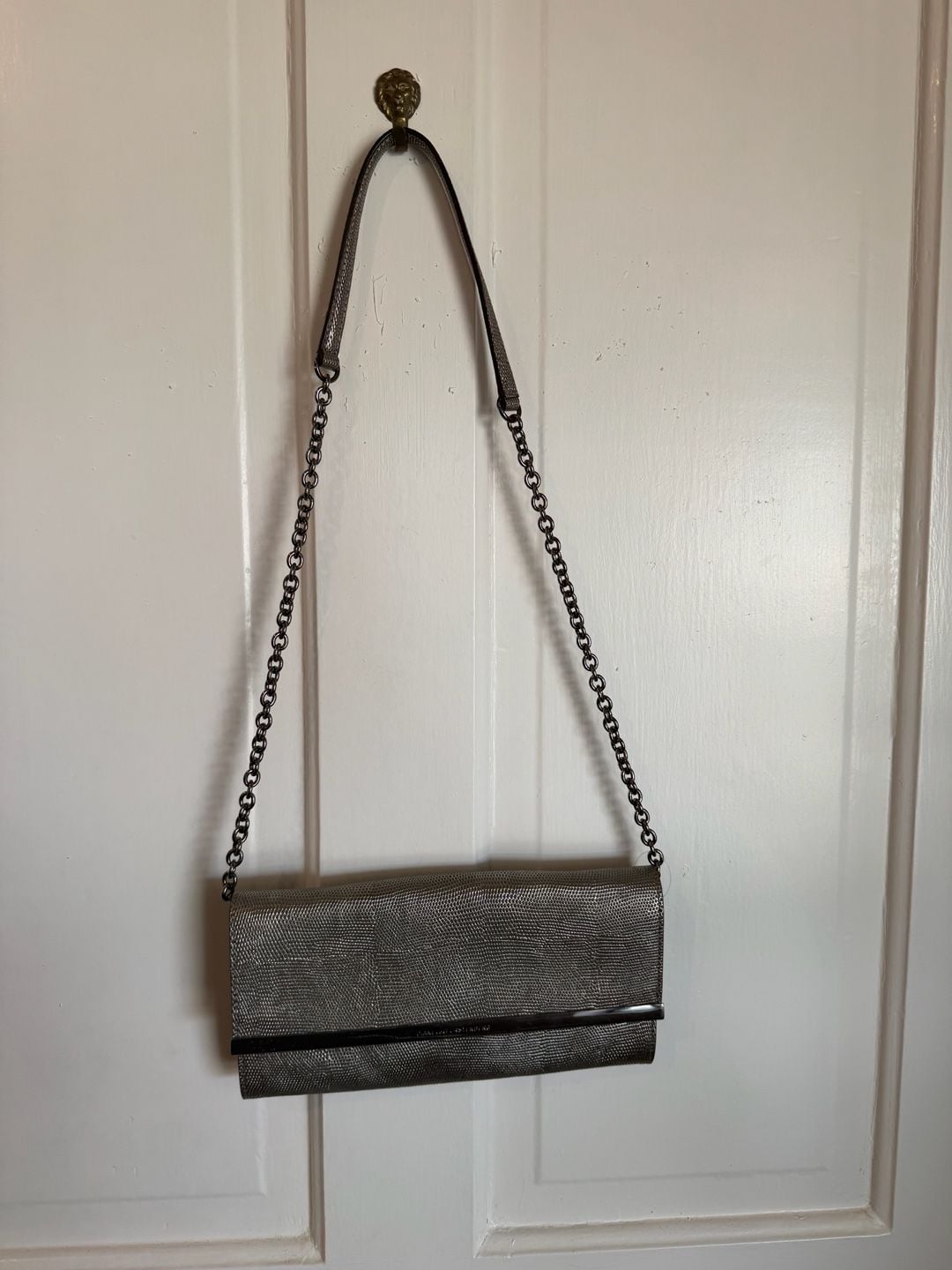 Diane Von Furstenberg Embossed Leather Clutch Silver Chain Strap 6