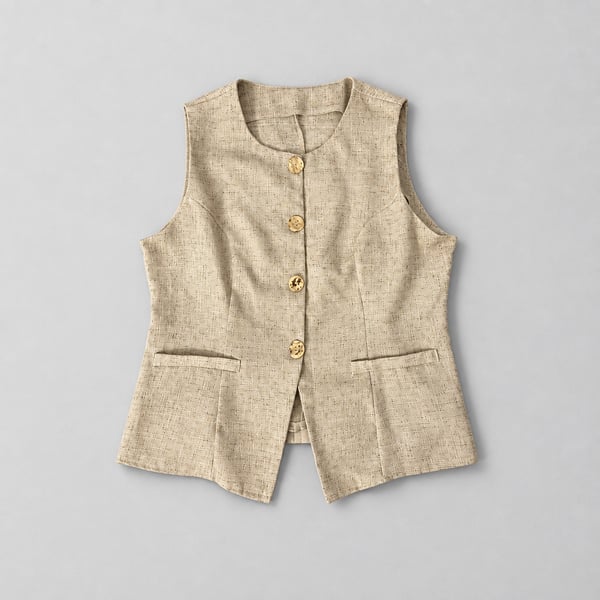 Commense Tweed Buttoned Vest Beige Textured Size M