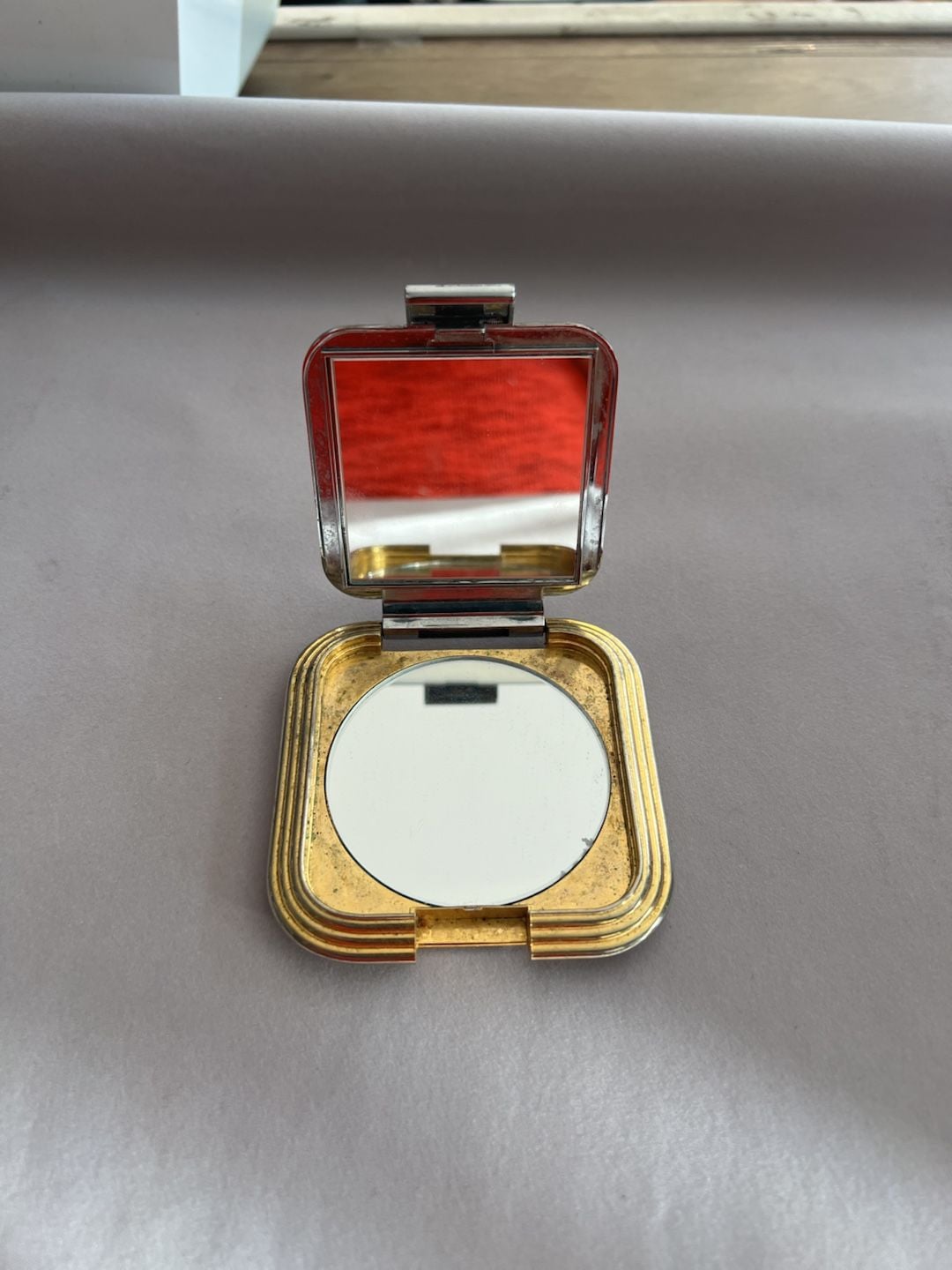 Vintage Gold and Silver Tone Square Compact Mirror 1