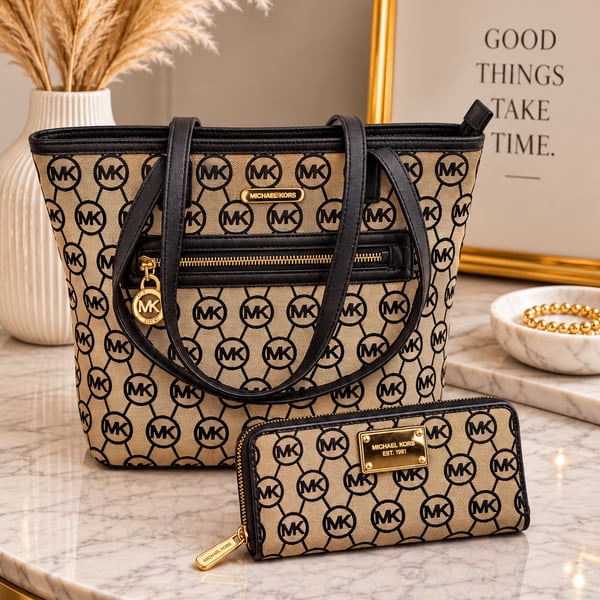 Michael Kors MK Monogram Tote Bag + Matching Zip Wallet Black Tan Set 