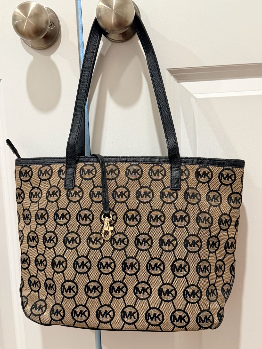 Michael Kors MK Monogram Tote Bag + Matching Zip Wallet Black Tan Set  10