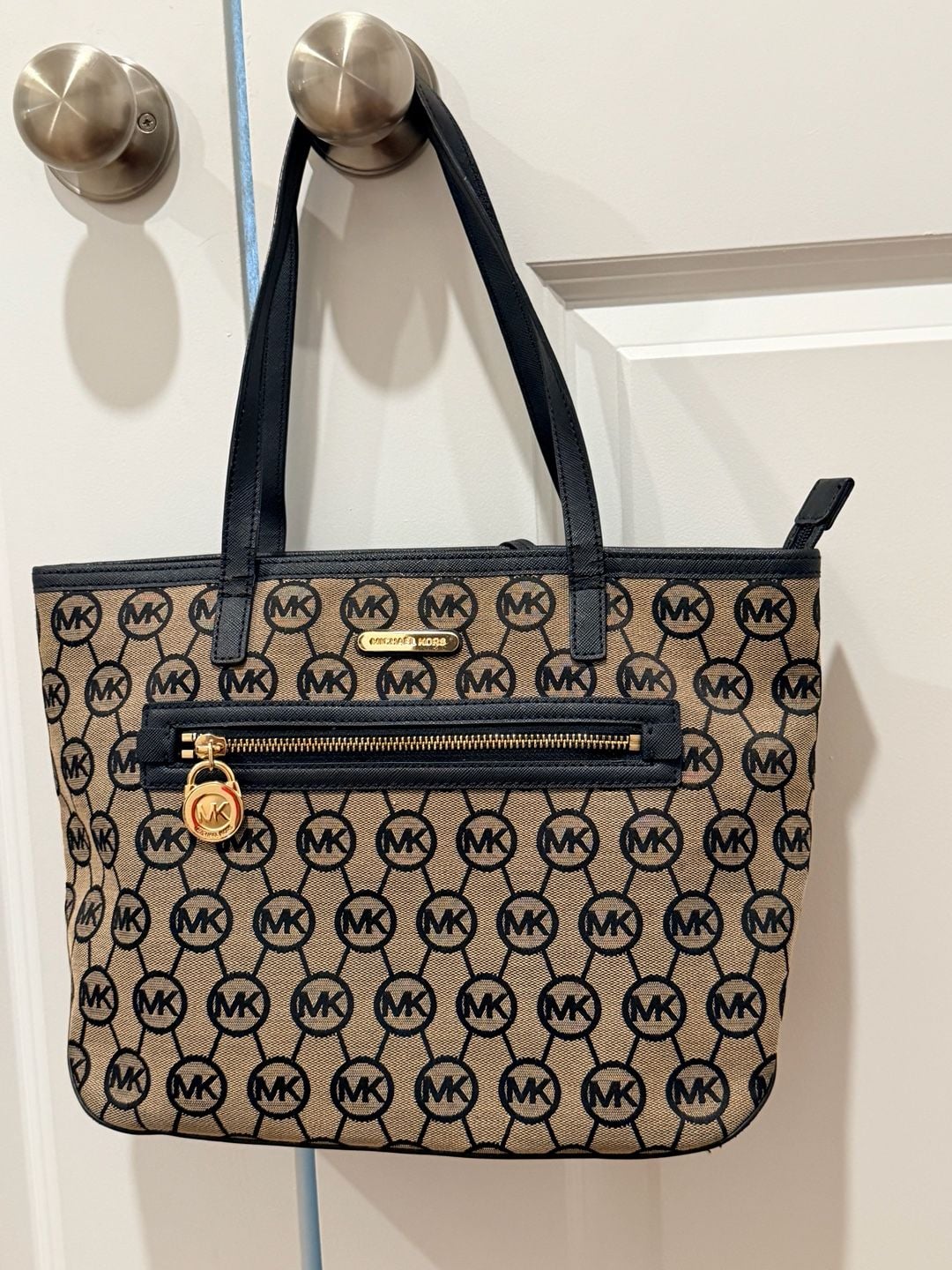 Michael Kors MK Monogram Tote Bag + Matching Zip Wallet Black Tan Set  11