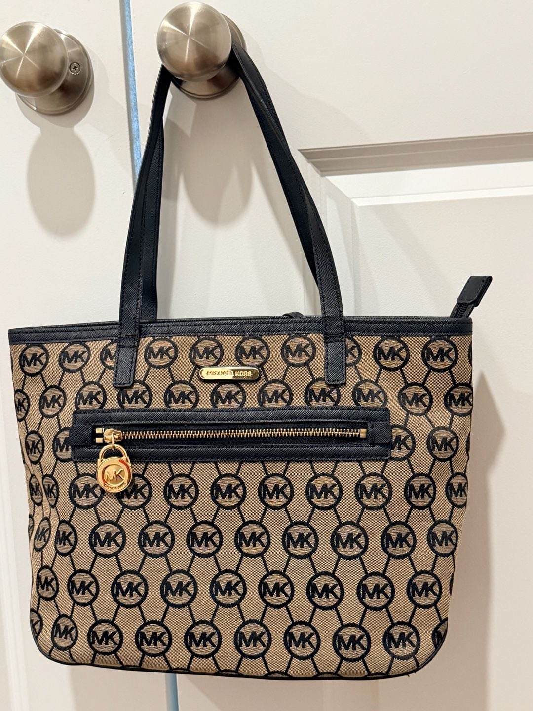 Michael Kors MK Monogram Tote Bag + Matching Zip Wallet Black Tan Set  12